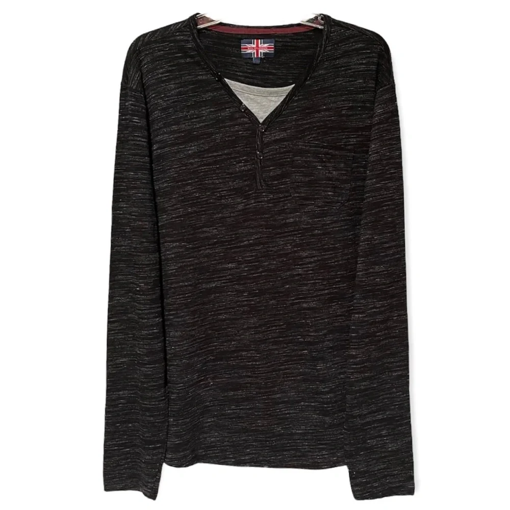 Soul Of London Long Sleeve Henley Heather Black Shirt